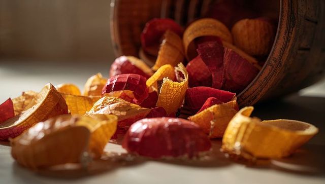 Autumn potpourri spilling from rustic wooden bowl with red orange dried husk petals