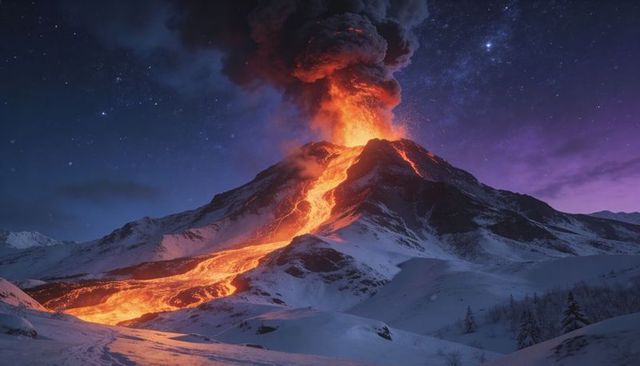 Erupting Volcano at Night Under Starry Sky with Molten Lava Flow Carving Snow-Covered Alpine Valley