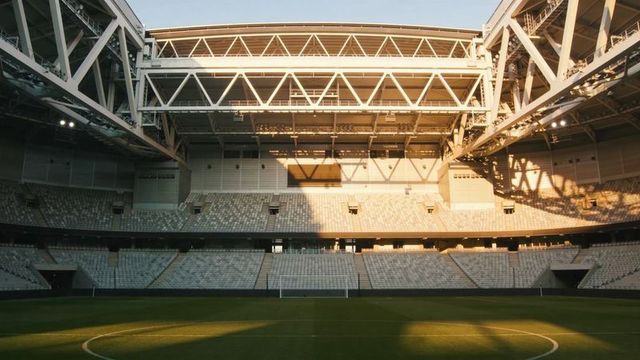 Sunlit modern stadium interior showing centered soccer pitch and far goal under truss roof