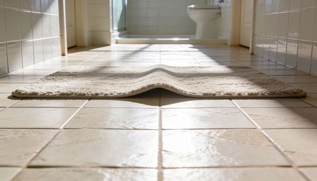 Sunlit beige bath mat forming textured ridge on glossy tiled bathroom floor