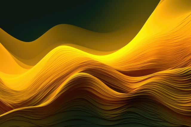 Golden waves flowing in dynamic movement illustrate fluidity and creativity. Great for backgrounds, web headers, modern design projects, and digital art displays.