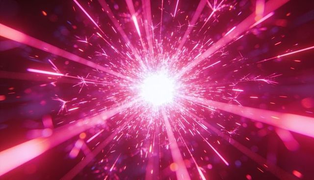 Radiating magenta energy burst emitting neon sparks, light rays and lens flare