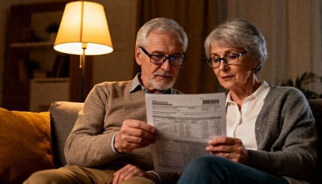 Senior couple reviewing monthly bills and planning retirement finances on sofa at home