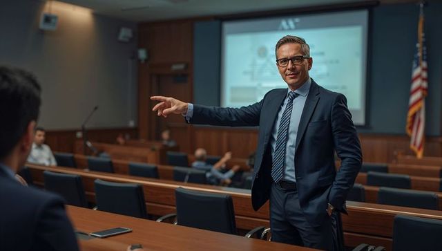Confident attorney presenting case and pointing during courtroom hearing with projector