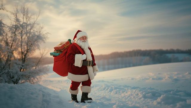 Santa claus walking in snowy landscape carrying gift-filled red sack