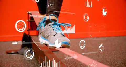 Athlete Trains Balance with Digital Metrics Overlay in Dynamic Scene