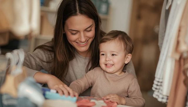 Mother and toddler reading board book together in cozy boutique nursery nurturing moment