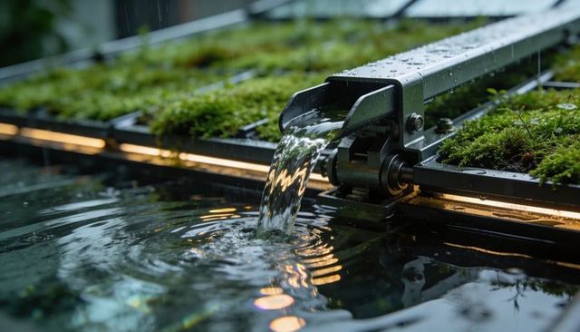 Urban green roof drainage pouring water from stainless steel spout into reflective basin