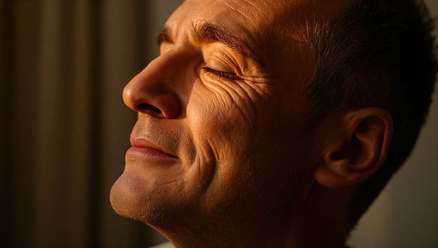 Middle-aged man basking in warm window light with serene smile and textured skin