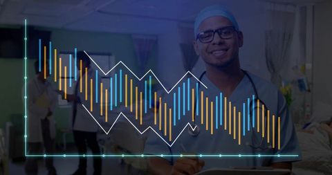 Doctor reviewing patient data with overlaid analytics in hospital ward, clinical teamwork