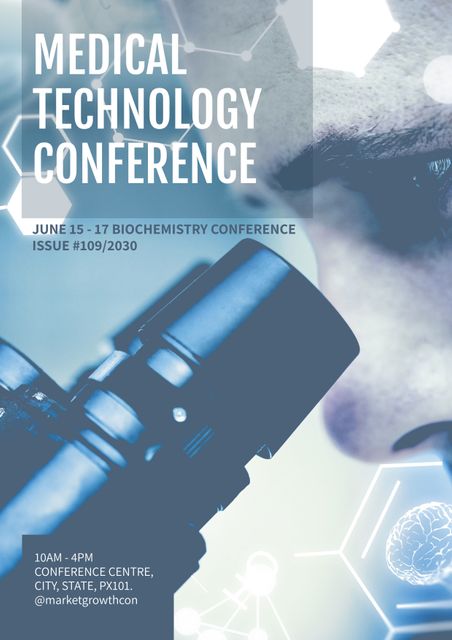 This vibrant poster features a close-up of a scientist using a microscope, ideal for advertising medical technology conferences and biochemistry seminars. Turn to it for promoting events focused on scientific research, healthcare technology, and professional gatherings. Use this eye-catching design to capture attention and convey a forward-thinking, tech-savvy feel.