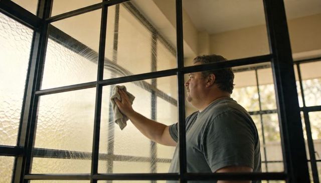 Man cleaning textured glass panels in sunroom with cloth and black grid mullions