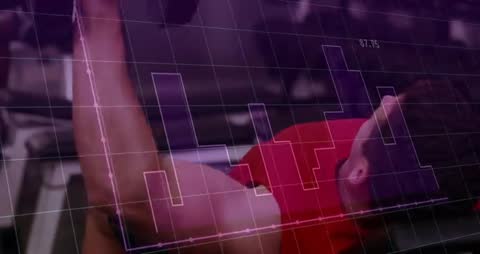 Man pressing dumbbell on bench with HUD overlay syncing live fitness metrics and rep counts