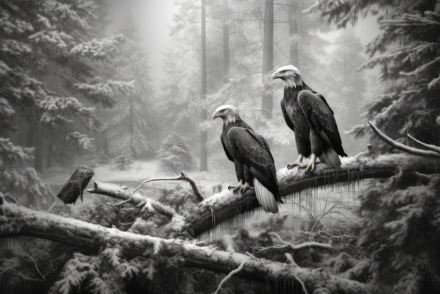 Two majestic bald eagles perch in a snowy forest setting. Their poised stance and sharp gaze embody the wild essence of nature's beauty.