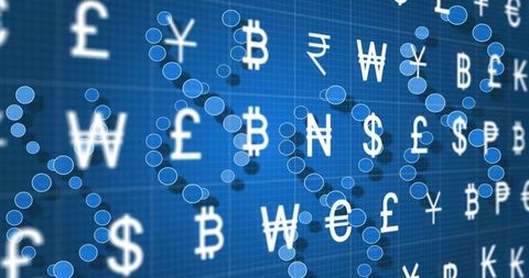 Digital currency network displaying global fx and cryptocurrency symbols with data nodes