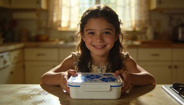 Smiling girl holding floral lunchbox on sunlit kitchen counter
