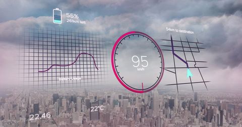 Futuristic digital dashboard overlooking cityscape