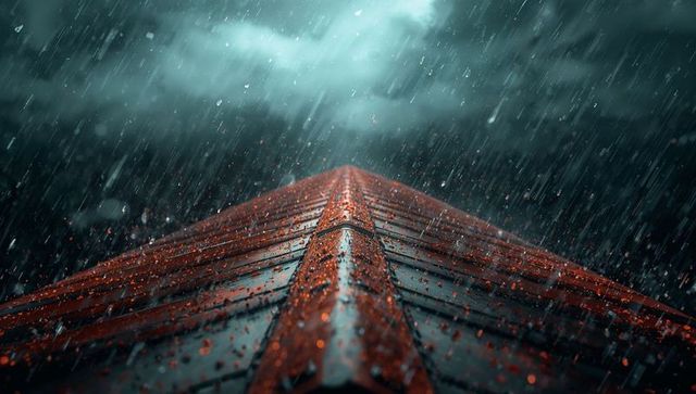 Moody red-tiled roof in heavy rainstorm with dramatic sky