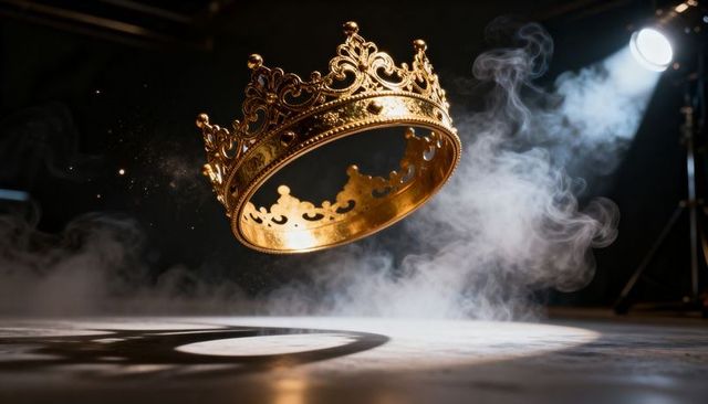 Ornate golden crown hovering in spotlight casting circular shadow with cinematic haze