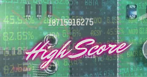 Neon high score overlay on digital circuitry background