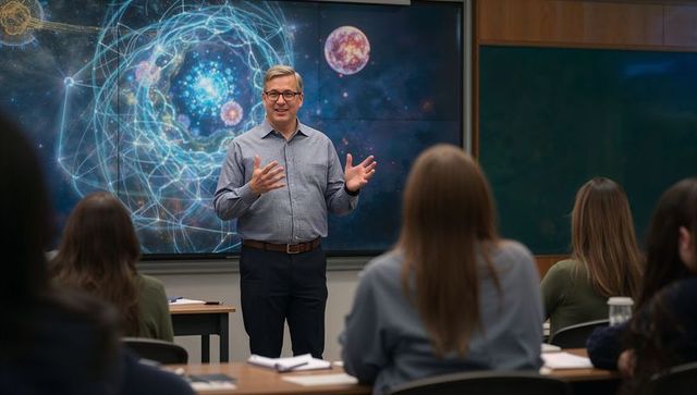 Lecturing professor presenting digital cosmos display to university students