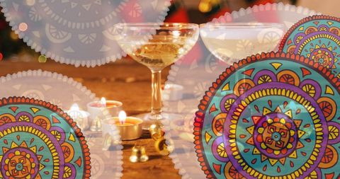 Festive seasonal decor with mandala art and bokeh lighting