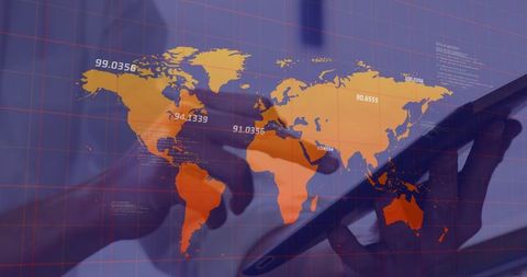 World Map Overlay With Hand Using Digital Tablet for Global Networking