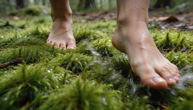 Bare feet walking through wet moss, splashing water droplets in lush forest closeup