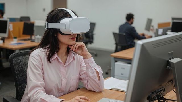 Woman Embracing Virtual Reality in Modern Office