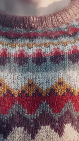 Vertical close-up revealing Fair Isle sweater texture, colorful knit patterns and cozy video