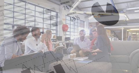 Cohesive Team Collaboration with Digital Data in Modern Office