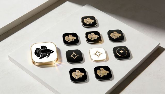 Minimalist luxury app icons featuring gold betta fish on glossy black and white tiles