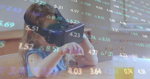 Caucasian Girl Exploring Virtual Reality with Financial Data Overlay