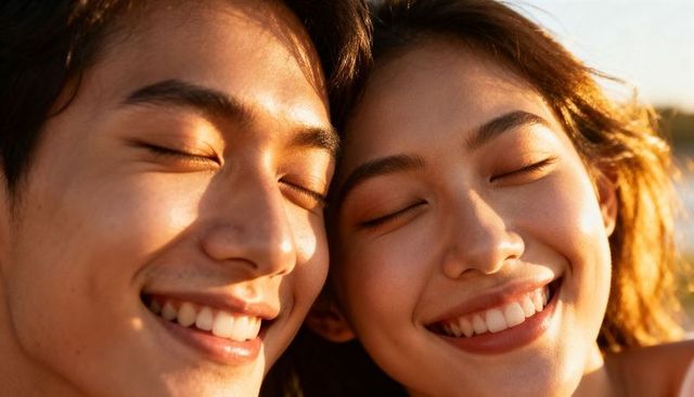 Smiling asian couple basking in golden hour sunlight closeup radiant joyful portrait
