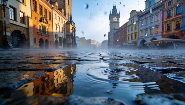 Morning rain rippling on cobblestone plaza reflecting clock tower and pastel facades