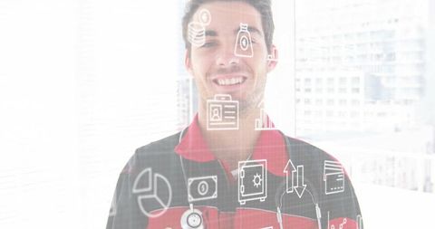 Young paramedic wearing stethoscope in urban highrise with augmented reality medical icons