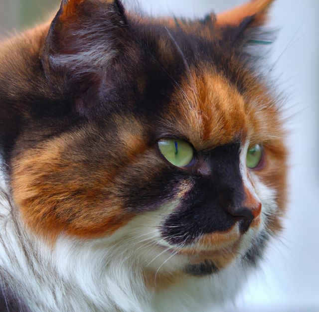 Close up of calico cat created using generative ai technology. Animals, pets and nature concept, digitally generated image.