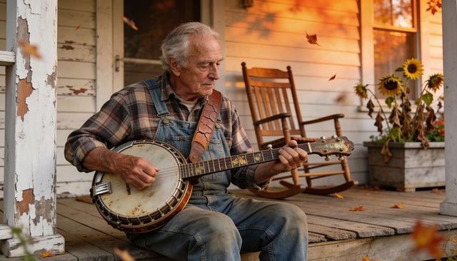 Senior man playing banjo on rustic farmhouse porch in warm golden autumn sunset light