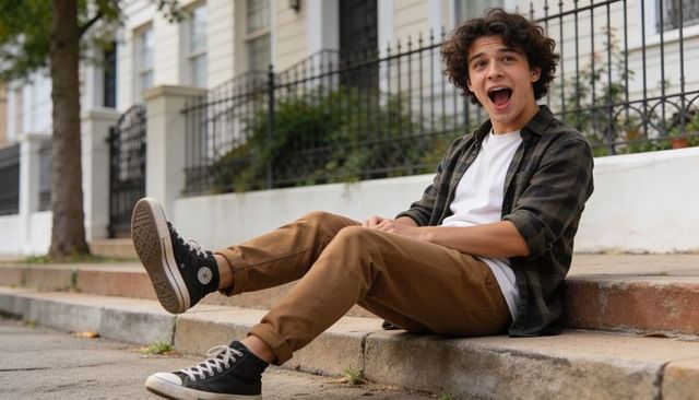 Young man sitting on curb showing sneaker with surprised expression in urban neighborhood