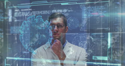 Doctor Analyzing Virus Data on Futuristic Interface