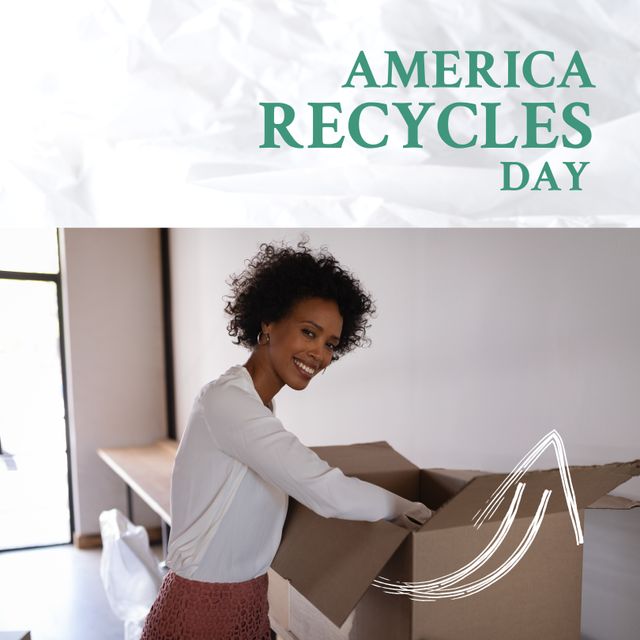 Composition of america recycles day text over african american woman with box at home. America recycles day and celebration concept digitally generated image.