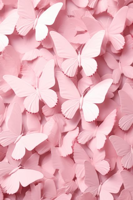 Full frame of pink butterflies, created using generative ai technology. Beauty in nature, delicacy and femininity wallpaper background concept digitally generated image.