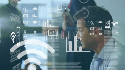 Technology Animation with Data Overlaid on Businessman