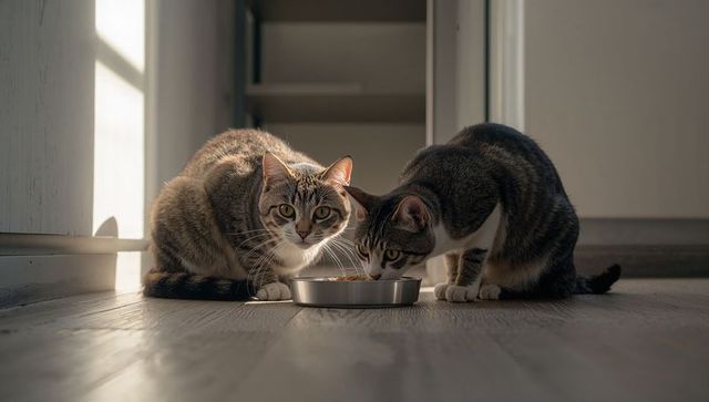 Sunlit tabby cats sharing stainless bowl on laminate floor, crouching duo in kitchen