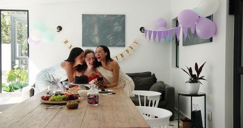 Joyful Birthday Celebration with Friends at Home Taking Selfies