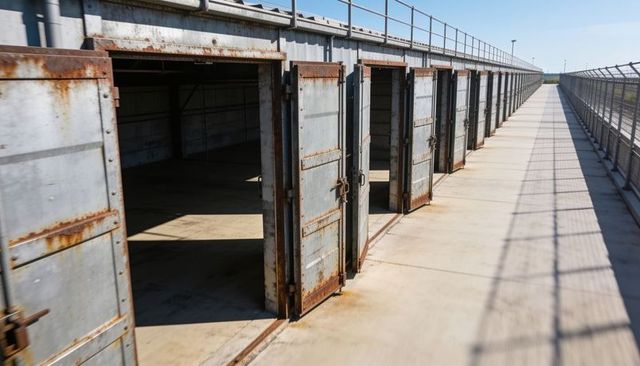 Sunlit row of rusted metal storage bays with open hinged doors along concrete walkway
