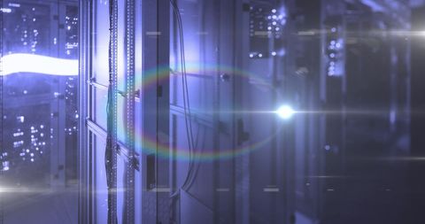 Advanced technology blue servers in data center with lens flare effect