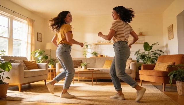 Two friends dancing joyfully in sunlit living room with midcentury sofa and greenery