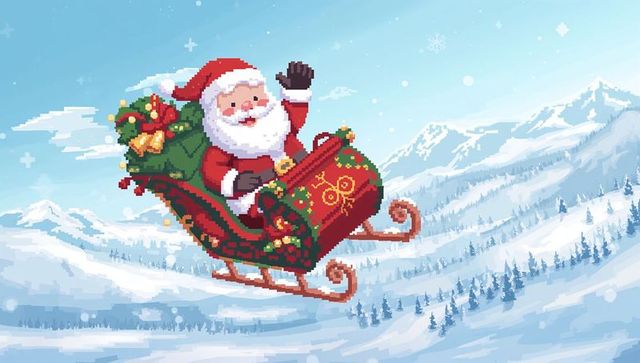 Pixel art santa claus flying over snowy mountains in ornate festive sleigh