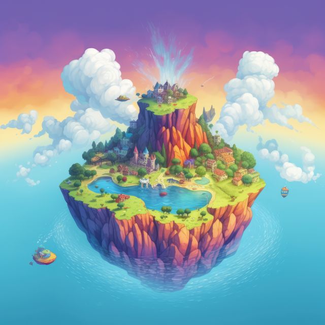 Island in the sky with lake and greenery, created using generative ai technology. Fantasy and travel concept digitally generated image.